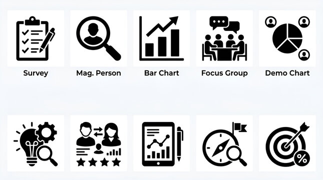 Market Research Flat UI Icon Set of 10 Black Vector Symbols on White Background