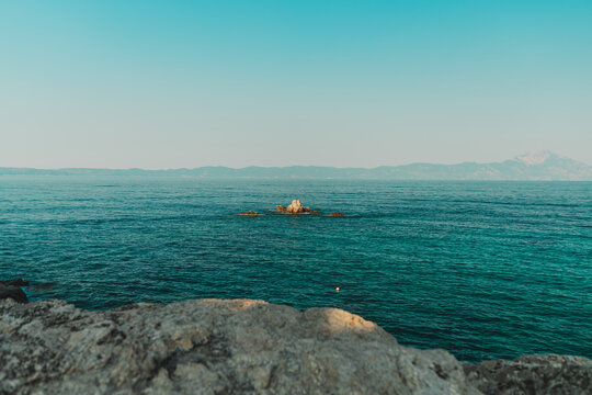 Greece coastline Mediterranean sea view, Halkidiki Mount Atos landscape