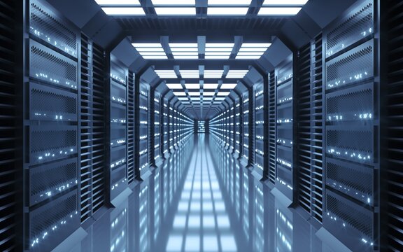 Futuristic data center corridor with server rack illumination