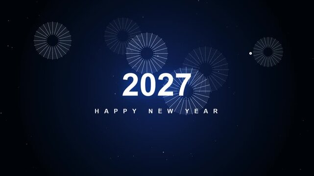 Happy New Year 2027 with blue circular firework bursts