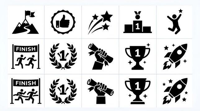 Set of 10 Success and Achievement Vector Icons in a Flat Grid Design