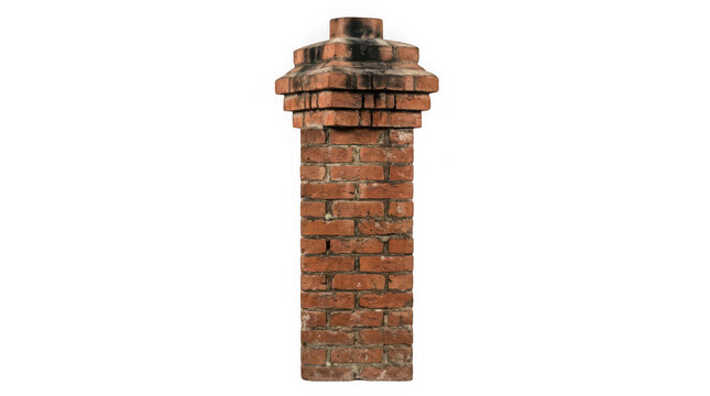 Old rustic brick chimney stack with decorative corbelled top isolated on transparent background