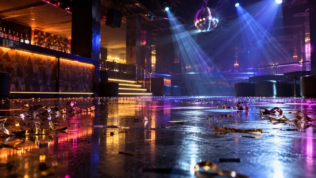 Empty nightclub dance floor with colored lights reflected in scattered confetti in a vacant party room, for a holiday card