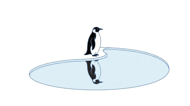 Gentoo penguin standing on ice with a clear reflection in the water