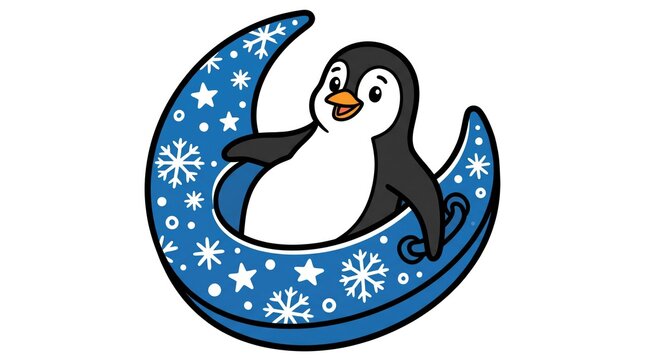 Adorable penguin happily resting inside a crescent moon with stars and snowflakes