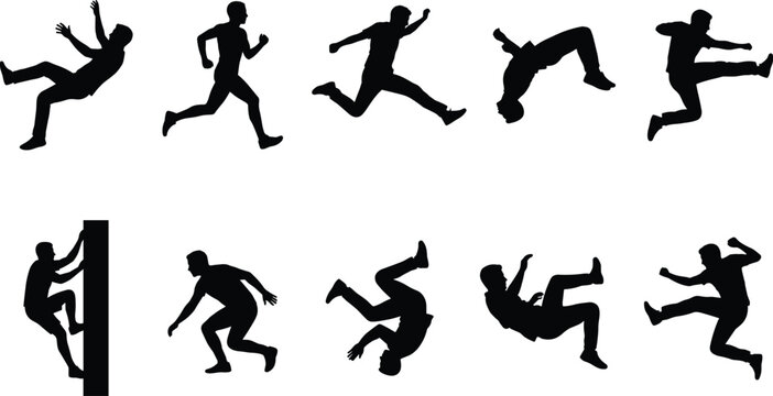 Black silhouette set of a male athlete performing parkour, freerunning jumps, climbing, and acrobatic stunts