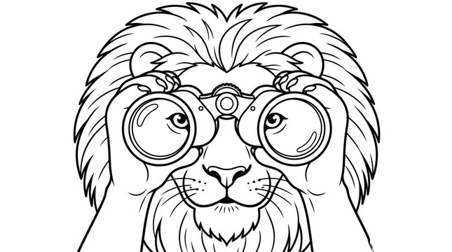 Charming lion head with round glasses in a detailed black and white sketch