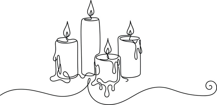 Continuous single line drawing of a group of burning candles with melting wax minimalist vector