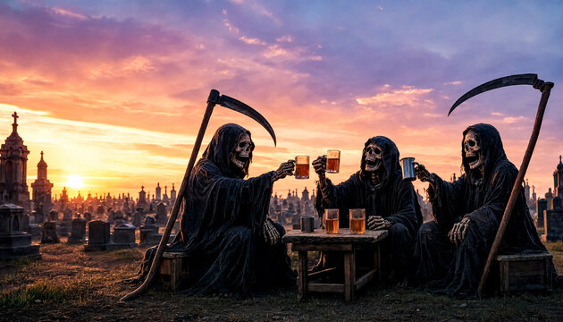 Three grim reaper characters with scythes raising beer mugs in a toast at a cemetery sunset.