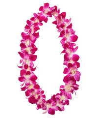 Fototapeta premium Beautiful vibrant pink and white orchid lei, a traditional Hawaiian flower garland, isolated on a clean white background