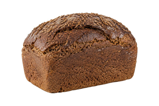 Freshly baked dark rye bread loaf with caraway seeds on top, isolated on a clean white background