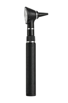 Black professional otoscope with a textured handle and silver accents is captured in a studio shot on a clean white background