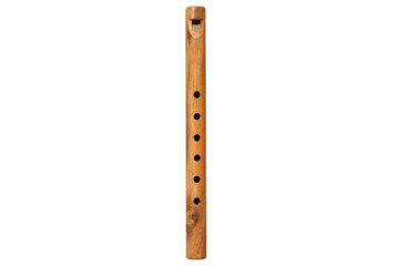 Single wooden recorder flute with six finger holes stands vertically on a clean white background, showcasing its natural grain © no one