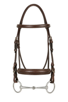 Classic brown leather horse bridle with a snaffle bit and silver hardware is precisely arranged on a clean white background