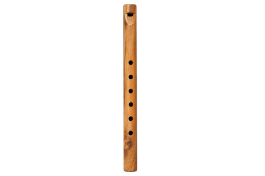 Single wooden recorder flute with six finger holes stands vertically on a clean white background, showcasing its natural grain