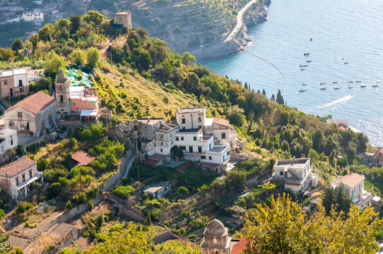 Aerial View from Ravello overlooking the Amalfi Coast in Italy. Aerial view of terraced fields, lush greenery, and the Mediterranean Sea