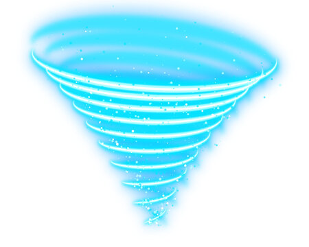 Glowing blue swirling tornado vortex with magic sparkles and neon light trails on dark futuristic background isolated on a transparent background