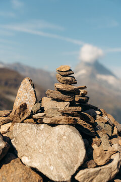 Stone cairn on Five Lakes hike near Zermatt, Switzerland
