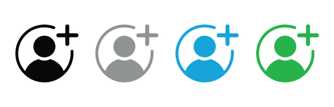 Add user icon set, new user registration, account creation, friend request, profile symbols, web UI design, user interface, vector illustration, isolated