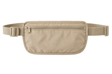 Beige travel money belt with a zippered pocket and adjustable strap is presented on a clean white background © no one
