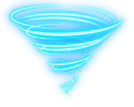 Vibrant blue neon light vortex twister spiral with sparkling dust particles in dynamic circular motion isolated on a transparent background