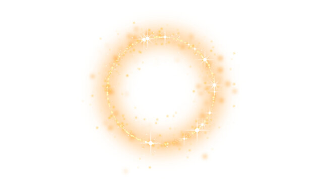 Vibrant orange neon ring with sparkling star sparkles and floating dots glowing circle light effect futuristic frame isolated on a transparent background