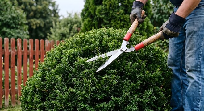 Gardener pruning green bush with hedge shears, trimming plant in garden yard, landscaping work