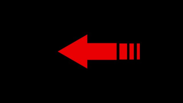 Left direction arrow icon.The left side of the arrow shows the motion graphics. red light arrow animation on black background
