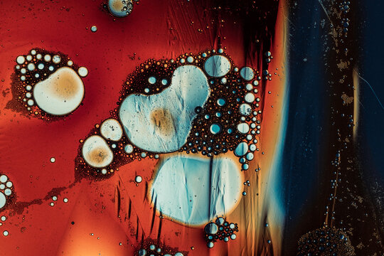 Oil and water abstract creating colorful texture and pattern, scientific liquid art with bubbles and fluid shapes