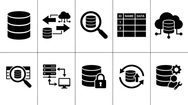 Set of 10 Database Management Icons in Flat Black Silhouette Style