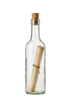 Clear glass bottle with a cork stopper contains a rolled message tied with twine, isolated on a white background