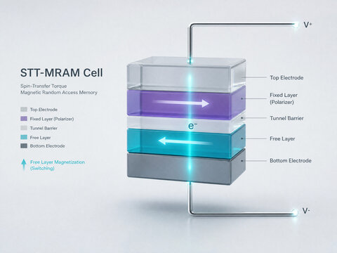 3D STT-MRAM magnetic tunnel junction concept, translucent magnetic tunnel junction MTJ stack with glowing spin-current magnetization switching vector with copy space