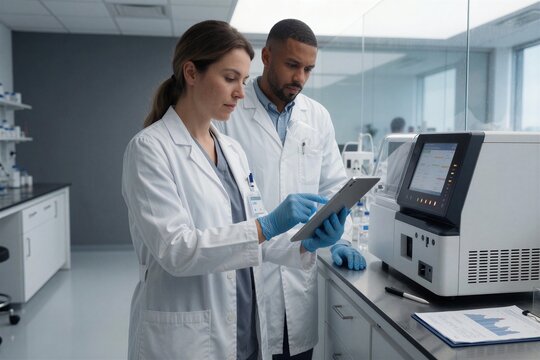 Two professionals in a modern lab review data on a tablet next to a PCR diagnostic instrument.