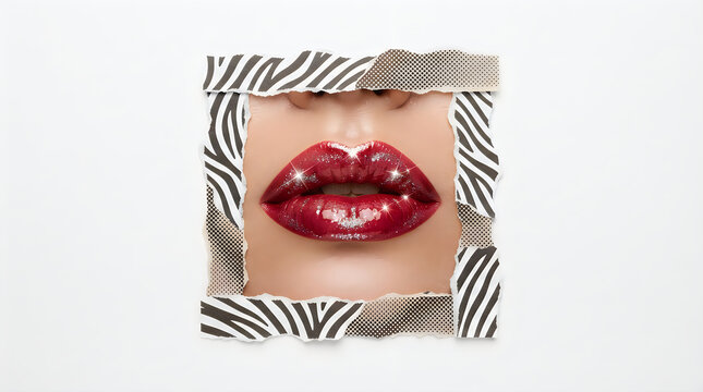 Glossy dark red lips framed by zebra print pattern in a modern pop art collage style