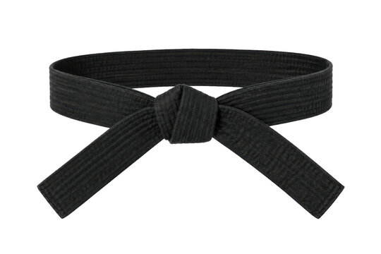 Neatly tied black martial arts belt, symbolizing mastery and discipline, is presented on a clean white background