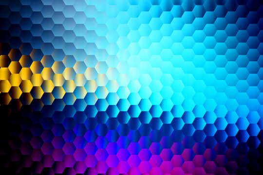 Neon hexagon mosaic abstract background with glowing cells