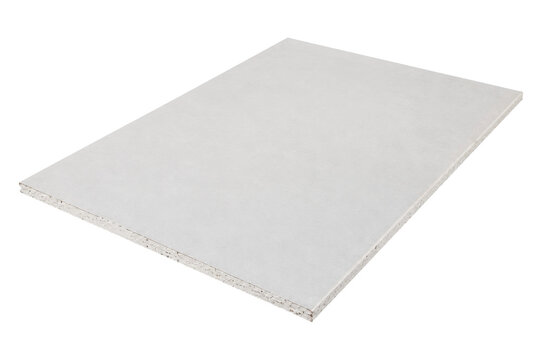 Single light gray rectangular gypsum board with rough edges, photographed from an elevated perspective on a clean white background