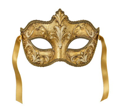 Ornate golden Venetian masquerade mask with intricate baroque details and flowing gold ribbons, isolated on a clean white background