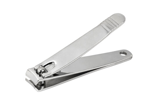 Shiny silver metal nail clipper with a textured lever, angled on a clean white background
