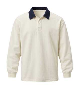Cream long-sleeved rugby shirt with a contrasting navy blue collar, featuring a classic two-button placket and ribbed cuffs, isolated on a white background