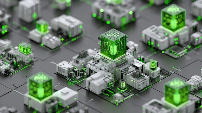 Glowing green digital cubes forming futuristic cityscape design, representing innovation, technology, and a complex network concept