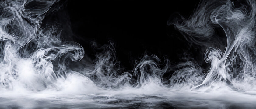 White smoke swirls against a dark background creating an atmospheric and dramatic visual abstract black cloudscape condensation darkness diffusion dreamlike ebullience ethereal fog formless gradient