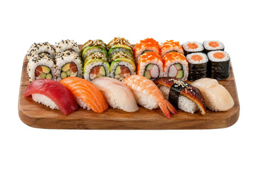 Delicious assorted sushi and maki rolls, including nigiri with tuna, salmon, shrimp, and eel, neatly arranged on a wooden board against a clean white background © no one