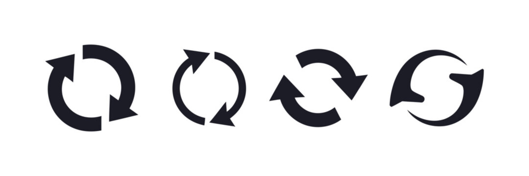 Refresh and reset symbols for reloading, recycling, reversing, rotating, refusing, repeating actions, and controlling digital interfaces.