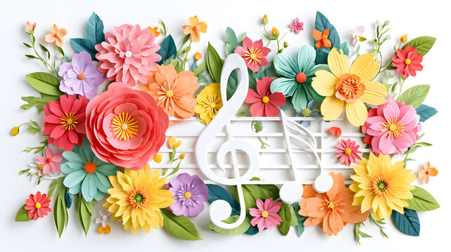 Paper cut flowers and musical notes create spring theme. Vibrant blossoms and leaves blend with treble clef and eighth notes. Joyful, creative design