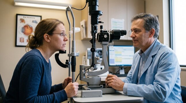 Eye examination anxiety, Patient hesitating at chin rest, Slit lamp beside clinician, Tense posture before contact, Ophthalmology consultation, Close equipment interaction