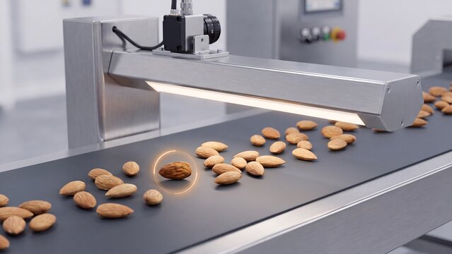 Machine vision camera and backlight scanning almonds on conveyor belt in food processing facility with defect detection circle overlay on one nut