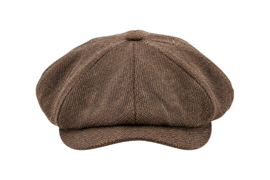 Classic brown tweed newsboy cap with a textured herringbone pattern is isolated on a clean white background