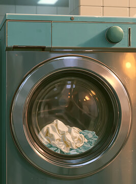 Acrylic painting of retro vintage teal washing machine with clothes inside glass door drum illuminated by warm sunlight in cozy laundromat room interior.