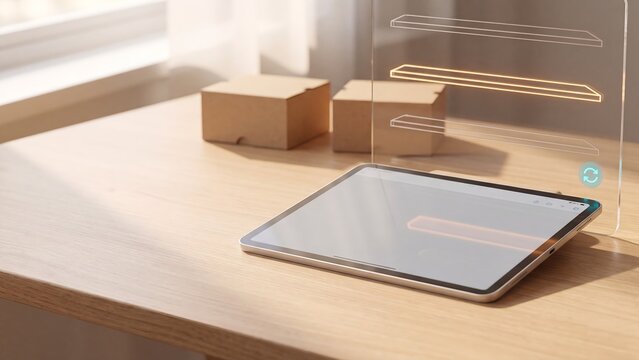 Tablet on wooden desk beside cardboard boxes with glowing holographic shelf inventory overlay and teal sync icon illustrating stock management app